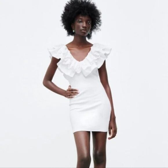 Zara White Eyelet Ruffle Collar Bodycon Mini Dress NWOT - Picture 1 of 9